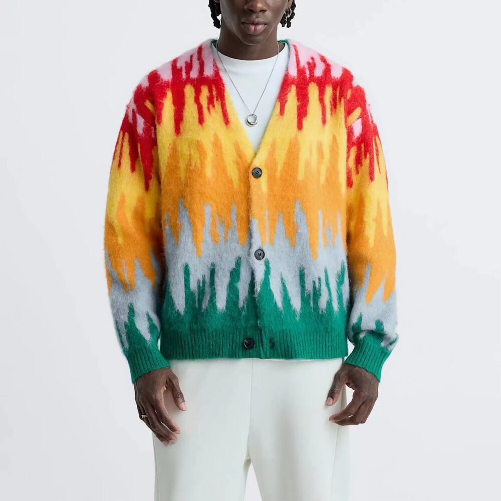 ZARA V-Neck Brushed Shag Cardigan, Vibrant Multicolor All-Over Print, Sz S-M - Picture 2 of 11